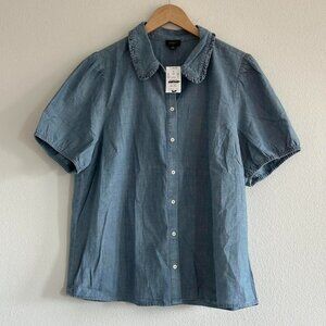 J.Crew Chambray Puff Sleeve Ruffle Collar Top in Riverbed Blue White, Size XL